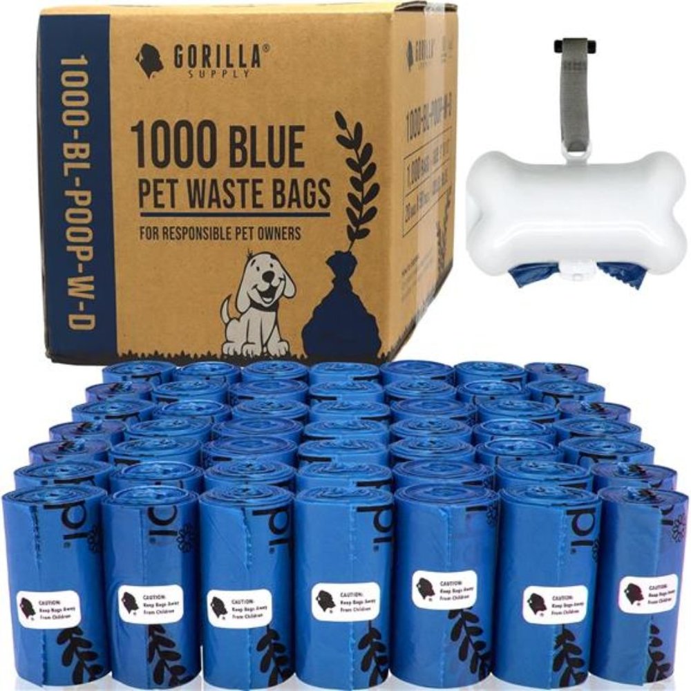 Dog Poop Waste Bags with Dispenser and Leash Tie, 9" x 13", Blue, 1000 Count
